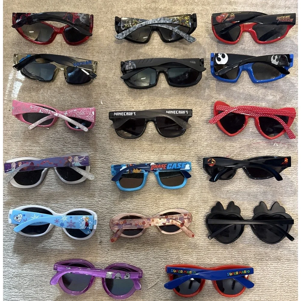 Lot of 17 Kids Sunglasses: Batman, Cinderella, Super Mario,Minecraft, MinnyMouse